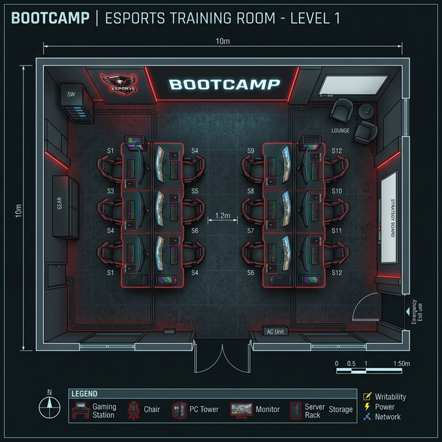 Půdorys privátní pobočky Bootcamp — uspořádání 12 PC pro profesionální týmy